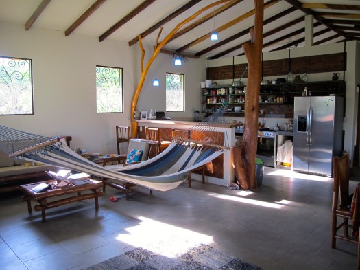 The living room with our indoor hammock.